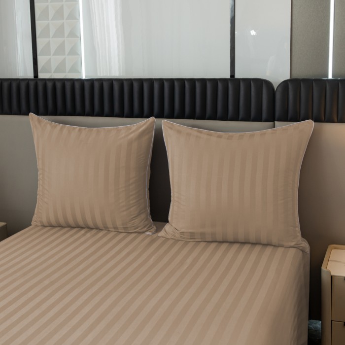 Komplet pościeli 160x200 Beżowa Adamaszek Pasy z Lamówką Elegancka