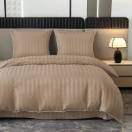 Komplet pościeli 160x200 Beżowa Adamaszek Pasy z Lamówką Elegancka
