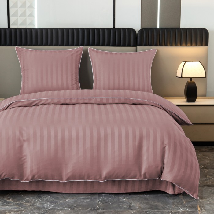 Komplet pościeli 160x200 Pudrowy róż Adamaszek Pasy z Lamówką Elegancka
