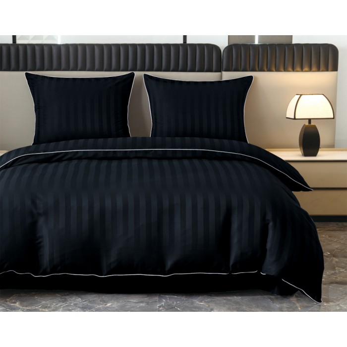 Komplet pościeli 160x200 Czarna Adamaszek Pasy z Lamówką Elegancka