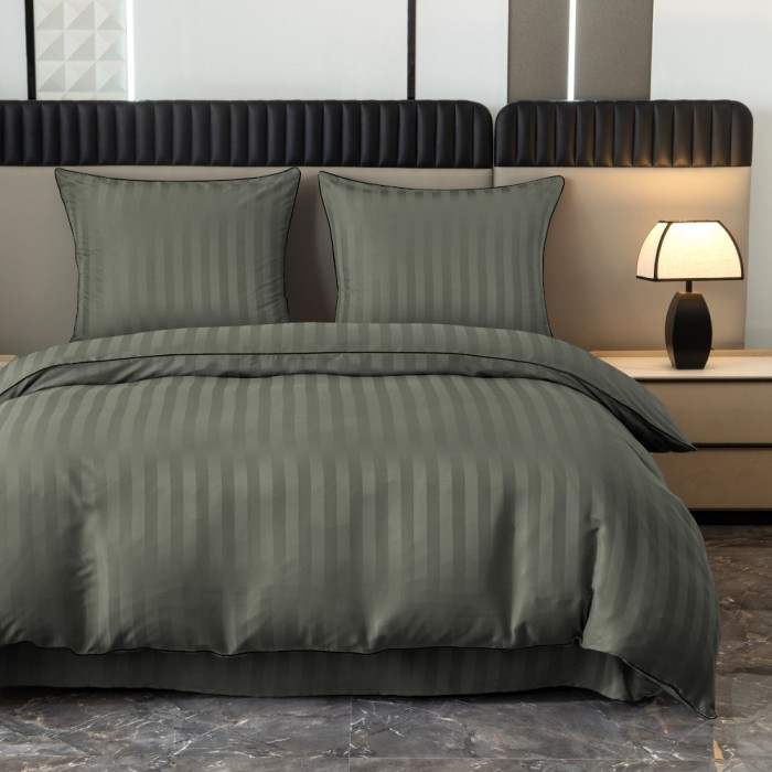 Komplet pościeli 220x200 Szara Adamaszek Pasy z Lamówką Elegancka