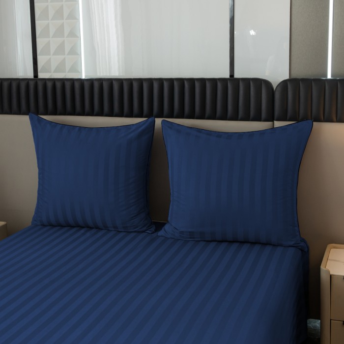 Komplet pościeli 220x200 Granatowa Adamaszek Pasy z Lamówką Elegancka