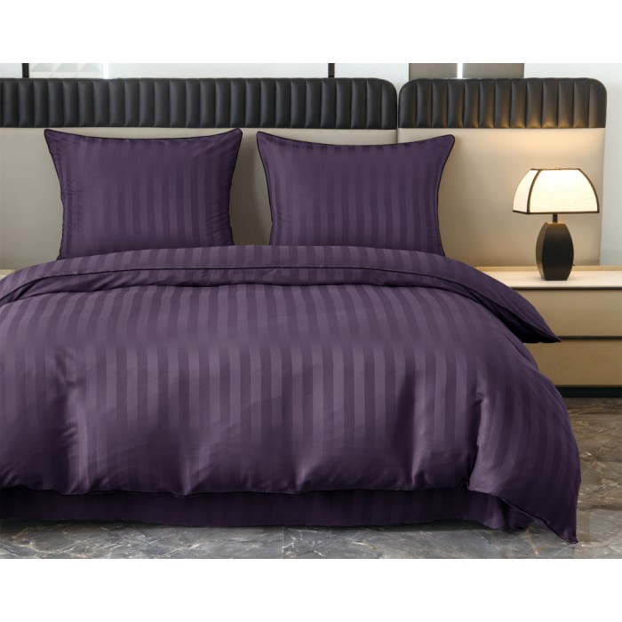 Komplet pościeli 160x200 Fioletowa Adamaszek Pasy z Lamówką Elegancka
