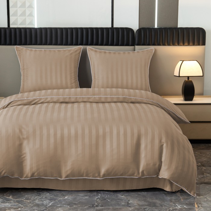 Komplet pościeli 160x200 Beż Ciemny Adamaszek Pasy z Lamówką Elegancka